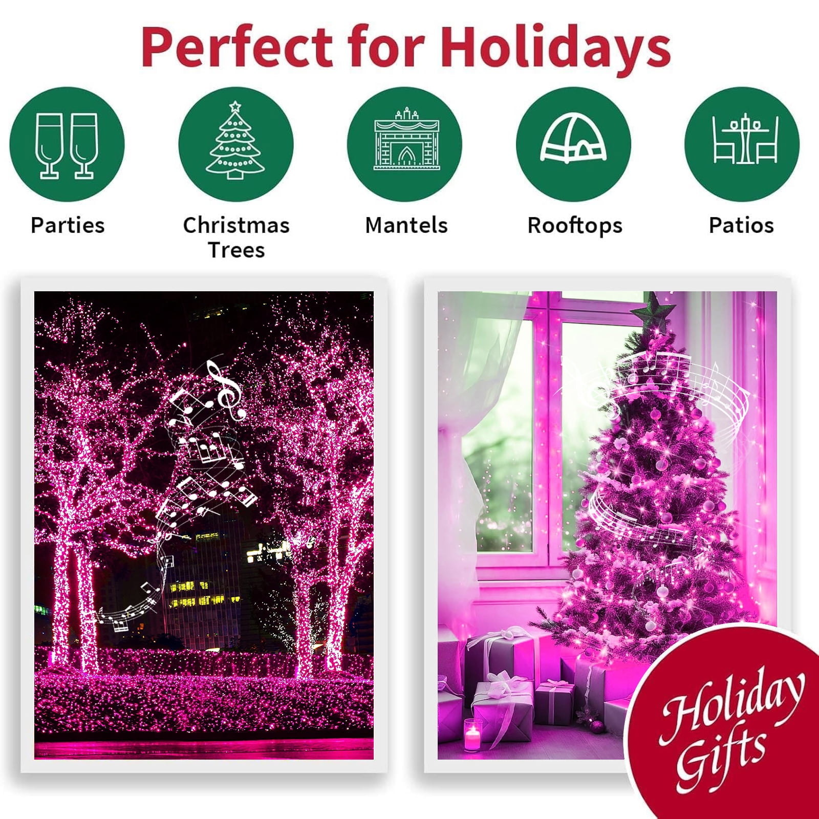 LAMPHOME 66ft Music Christmas Mini Lights,200 LED Fairy Starry String Light Plug in for Indoor Outdoor Xmas Tree Wedding Party Decoration (Pink)