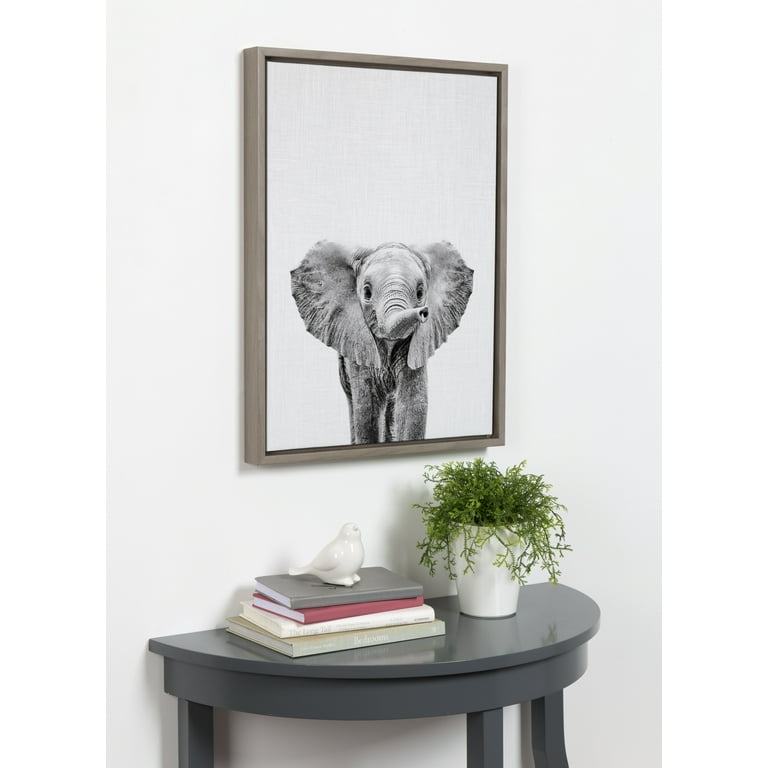 Kate and Laurel Sylvie Black and White Baby Elephant Framed Canvas