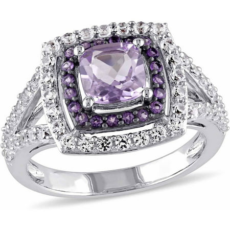 Tangelo 3-4/5 Carat T.G.W. Rose de France with Amethyst and Created White Sapphire Sterling Silver Double Halo Cocktail Ring