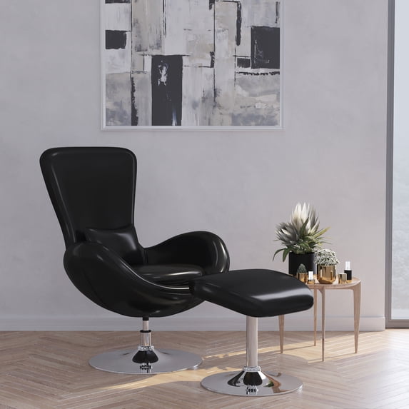 Merrick Lane Faux Leather Upholstered High Back Lounge Chair and Ottoman Set with Matching Chrome Bases in Black