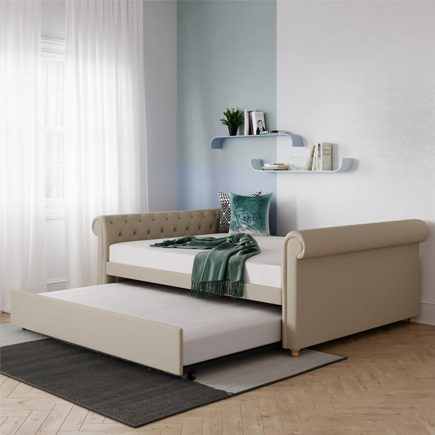 DHP Sophia Upholstered Queen Size Daybed and Full Trundle, Tan Linen