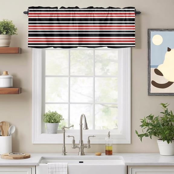 Curtain Valances for Kitchen Windows,Black Red Contrast Monochromatic Tones Rod Pocket Valances Short Curtains Geometric Line Window Treatment for Living Room Bathroom Bedroom Decor,42x12in