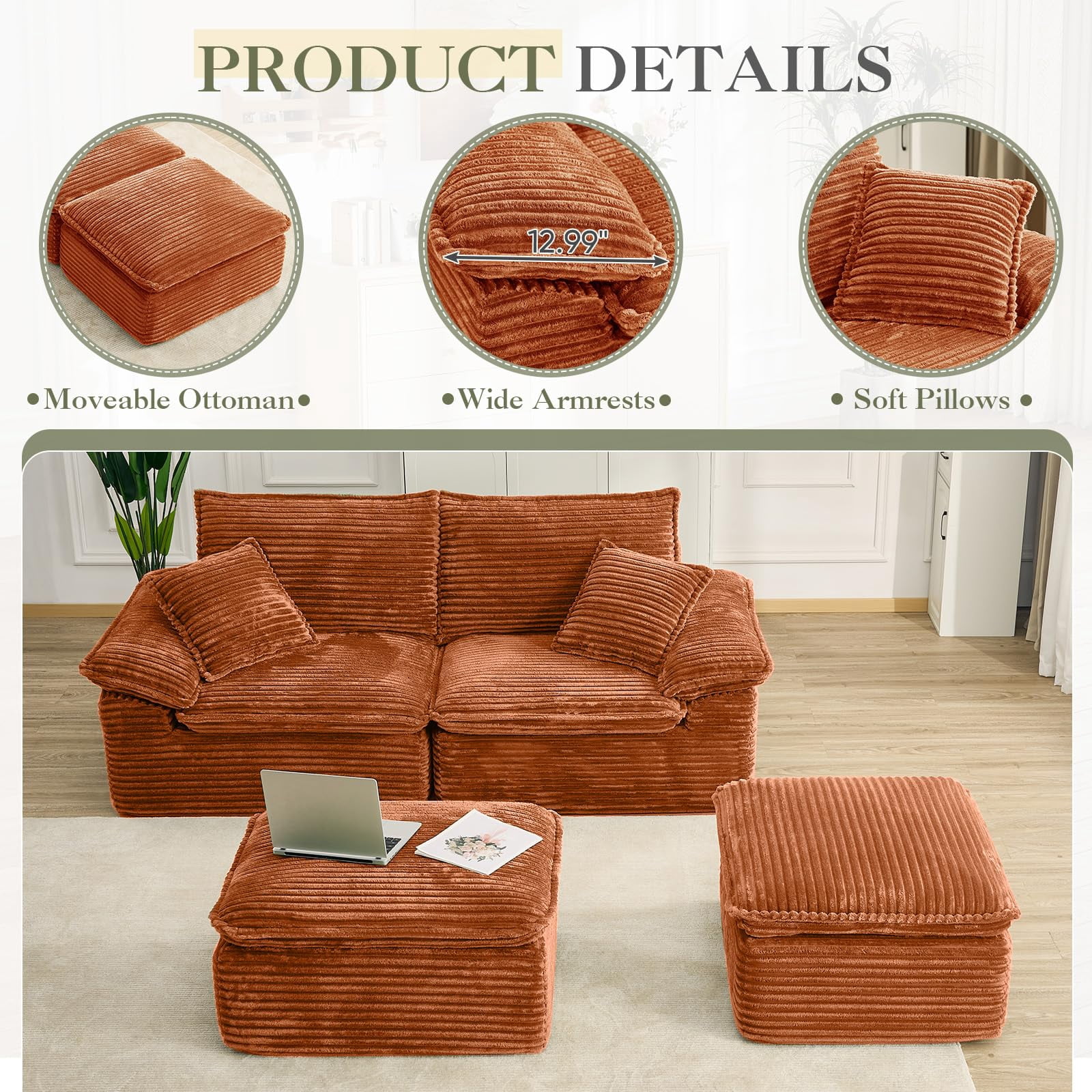 Aukfa 4-Piece Modular Sectional Sofa, Corduroy Convertible Double Chaise Lounge with Ottomans, Orange
