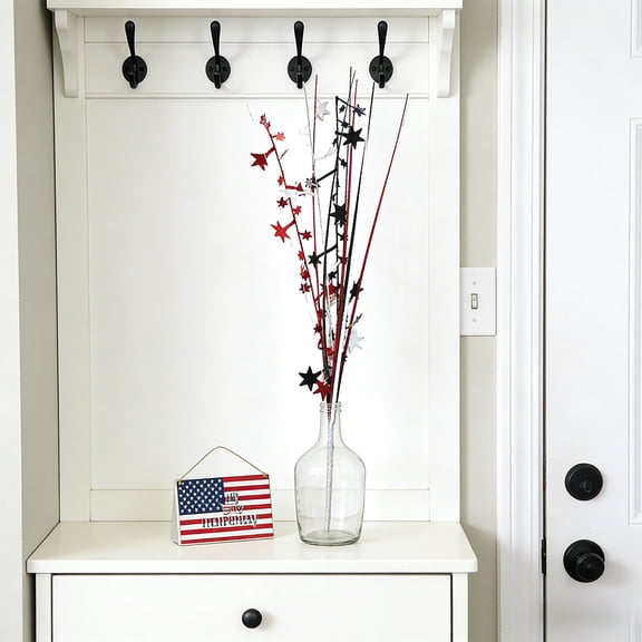 Beautynvta Patriotic Star Stems Picks, 14.2'' Multicolored Stars Glitter Branch Stick Filler for Wreath Vase, 4th of July Independence Day 250th Anniversary Decor(Red White Black)