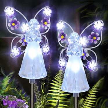 2 Pack Purple Angel Statue Light,Waterproof Solar Angel Statue with 14 LED Decorations,Angel Garden Stake Lights for Lawn Garden Gift Cemetery Holiday