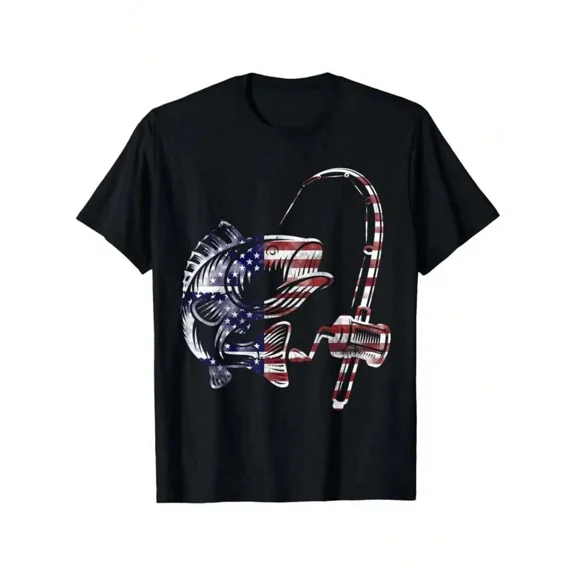 children’s wear Patriotic American Flag Fishing Bass Graphic T-Shirt for Kids Boys Retro USA Fisherman Tee