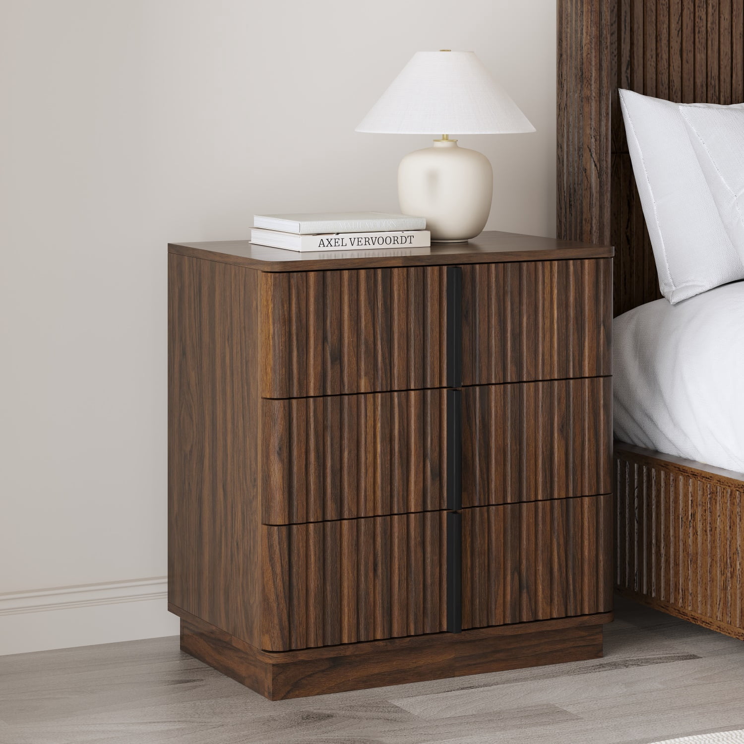 Hommoo Vintage Vertical Stripe 3-Drawer Nightstand, MDF Bedroom Night Table with Ample Storage, Modern Retro Design for Bedroom, Living Room & Home Office, Walnut