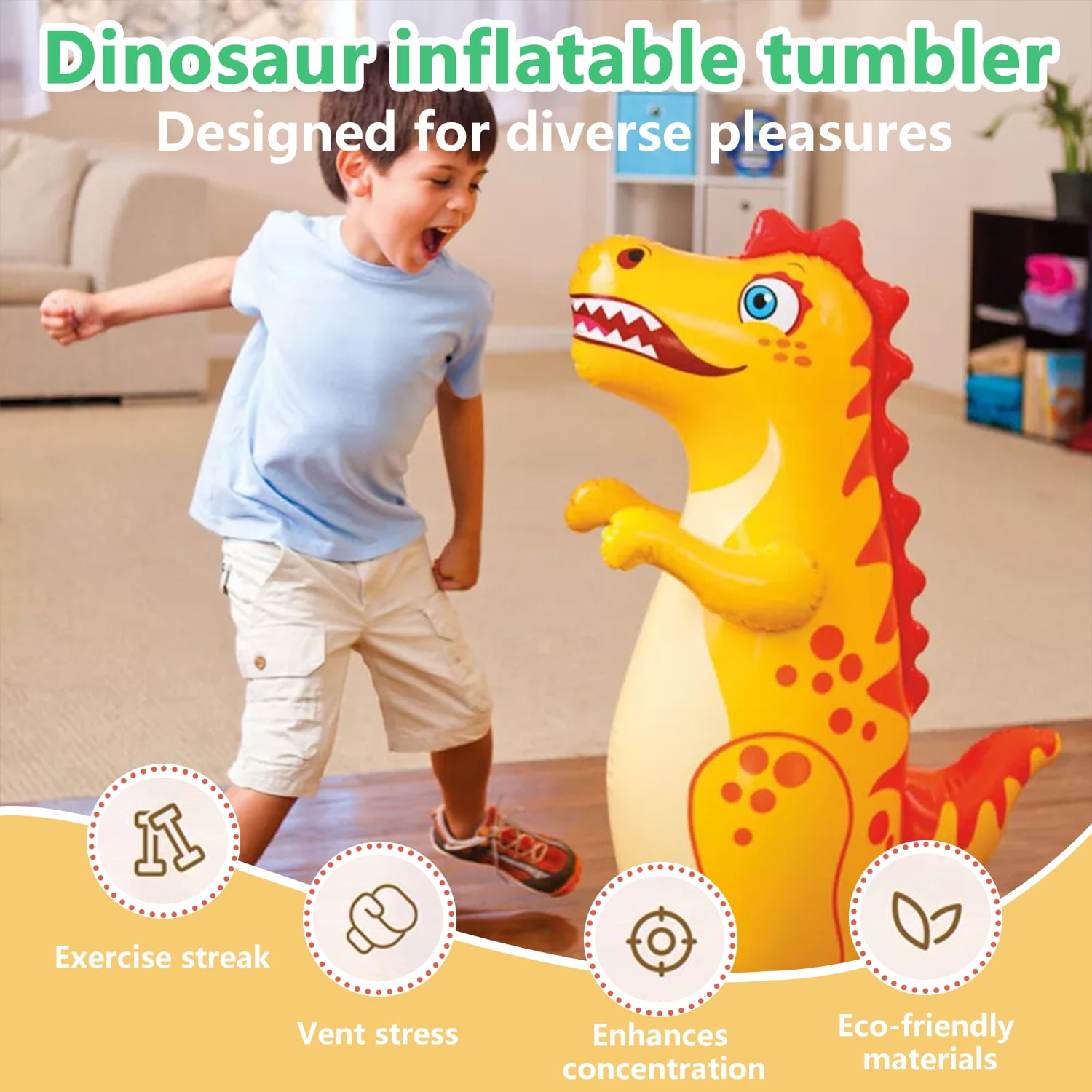 2 Pack Inflatable Punching Bag,4 Rings Ring Toss,Portable Inflatable Dinosaur Sandbag,Boxing Bag for Entertainment Boxing Training Game,38 in Tall,‎Green and Yellow