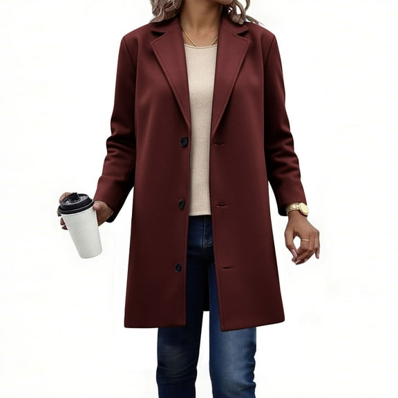 RYRJJ Womens Long Wool Coat Warm Single Breasted Peacoat Jacket Classic Notched Lapel Trench Coats Fall Winter Outerwear(Wine,XL)
