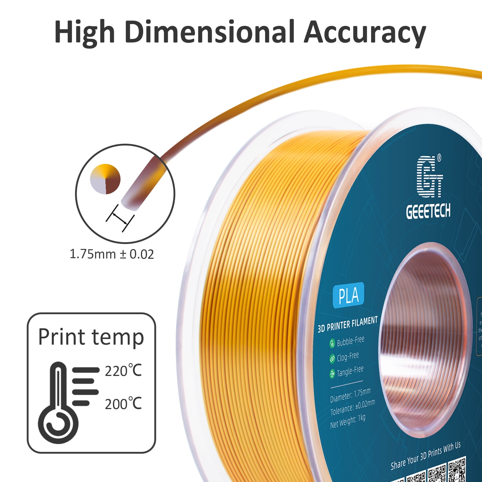 Geeetech Tri Color Silk PLA Filament , 3D Filament 1,75 mm 1KG Spool Wire  ( /-0.03mm) Vacuum Packaging, Special Color，Fast Ship