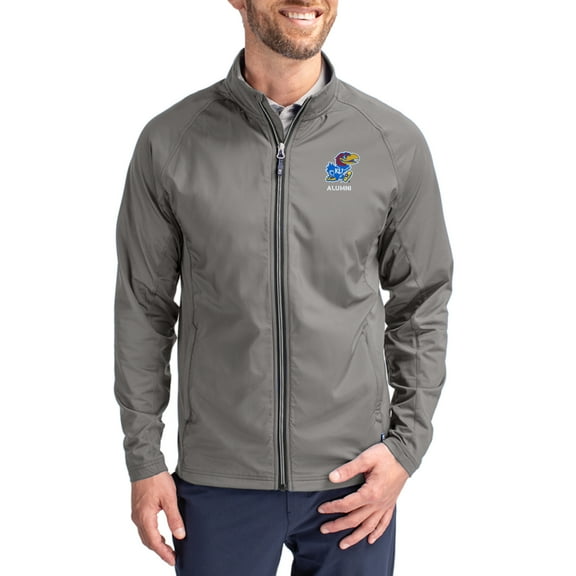 Men's Cutter & Buck Gray Kansas Jayhawks Alumni Logo Adapt Eco Knit Raglan Full-Zip Jacket