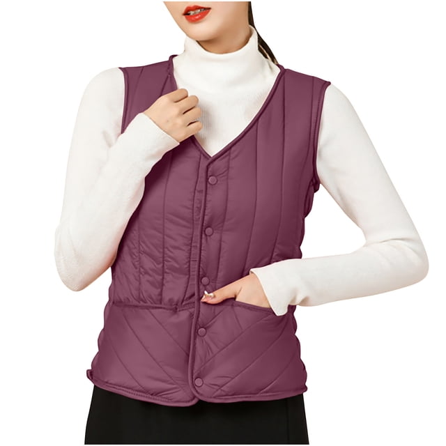 Yuyuzo Winter Waistcoat Vest for Women V Neck Button down Solid Color Cropped Quilted Jackets