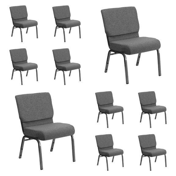 (10 PACK) 21'' Wide Gray Fabric Church Armchair with Book Pouch and Silver Vein Frame - Multipurpose Stackable Office Side Armchair