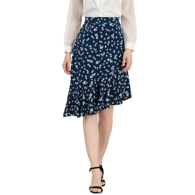 Unique Bargains Jupe Midi à Volants à Imprimé Floral Léopard pour Femme Taille P, Bleu/blanc