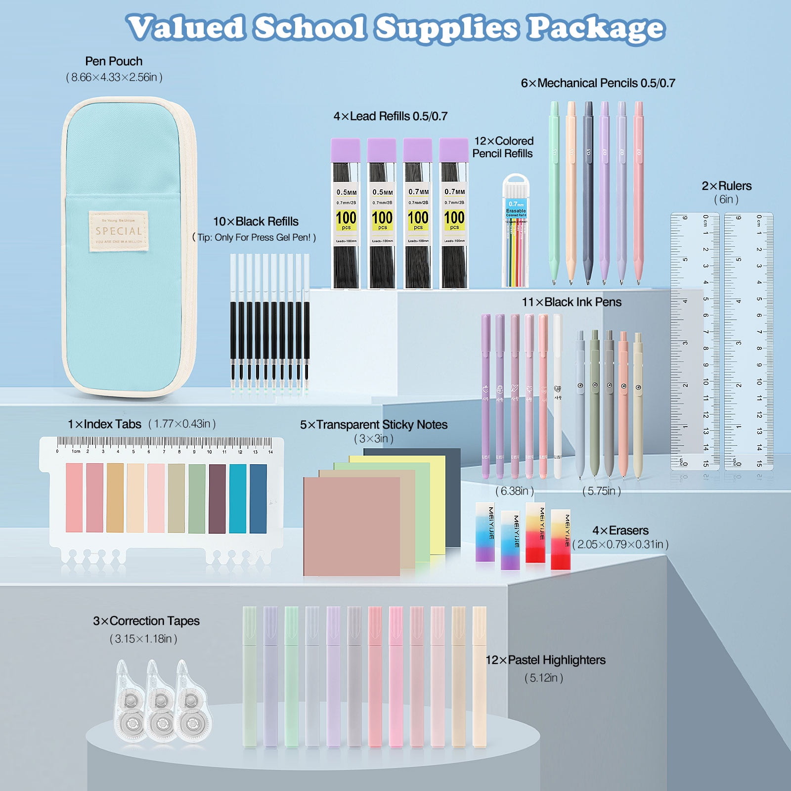 MoKo 60Pcs Aesthetic School Supplies with Pencil Case for Students Stationary College Essentials, Blue