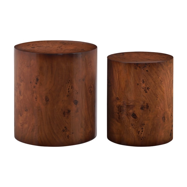 Set of 2 Modern Round Nesting Coffee Tables, Burl Veneer Accent Table with Cylinder Base, Manufactured Wood Side Tables for Living Room & Contemporary Home Space