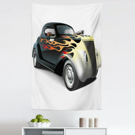 Vintage Tapestry, Retro 40s Drag Car with Ombre Print Art, Fabric Wall Hanging Decor for Bedroom Living Room Dorm, 5 Sizes, Grey Orange, by Ambesonne