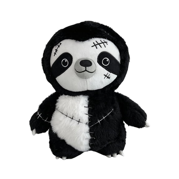 9.8 Inch Gothic Sloth Plush Toy, Black‑White Stitched Patchwork Sloth Stuffed Doll, Spooky Cute Plush Figure for Halloween Home Decor & Holiday Gift