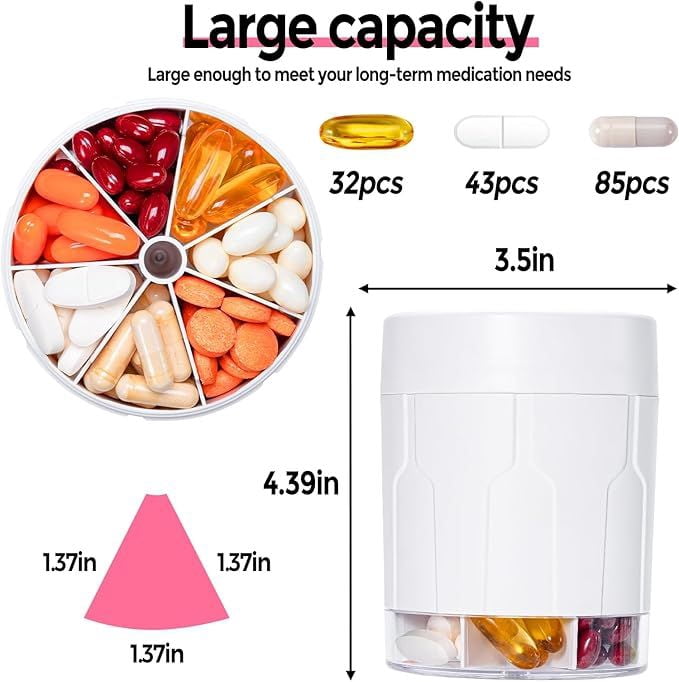 Extra Large Weekly Pill Organizer with 7 Compartments 21 Labels & Cleaning Brush 7-Day Portable Pill Dispenser for Vitamins & Medication