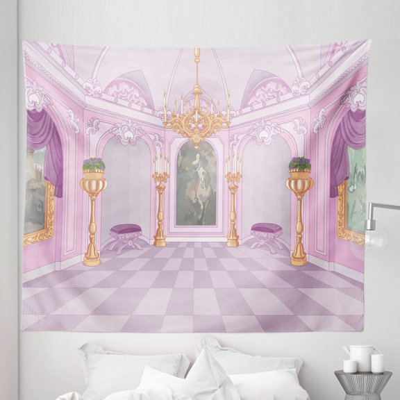 Castle Tapestry, Girly Style Cartoon of Palace Interiors Fantasy World in Pastel, Fabric Wall Hanging Decor for Bedroom Living Room Dorm, 5 Sizes, Sand Brown Grey Pink, by Ambesonne