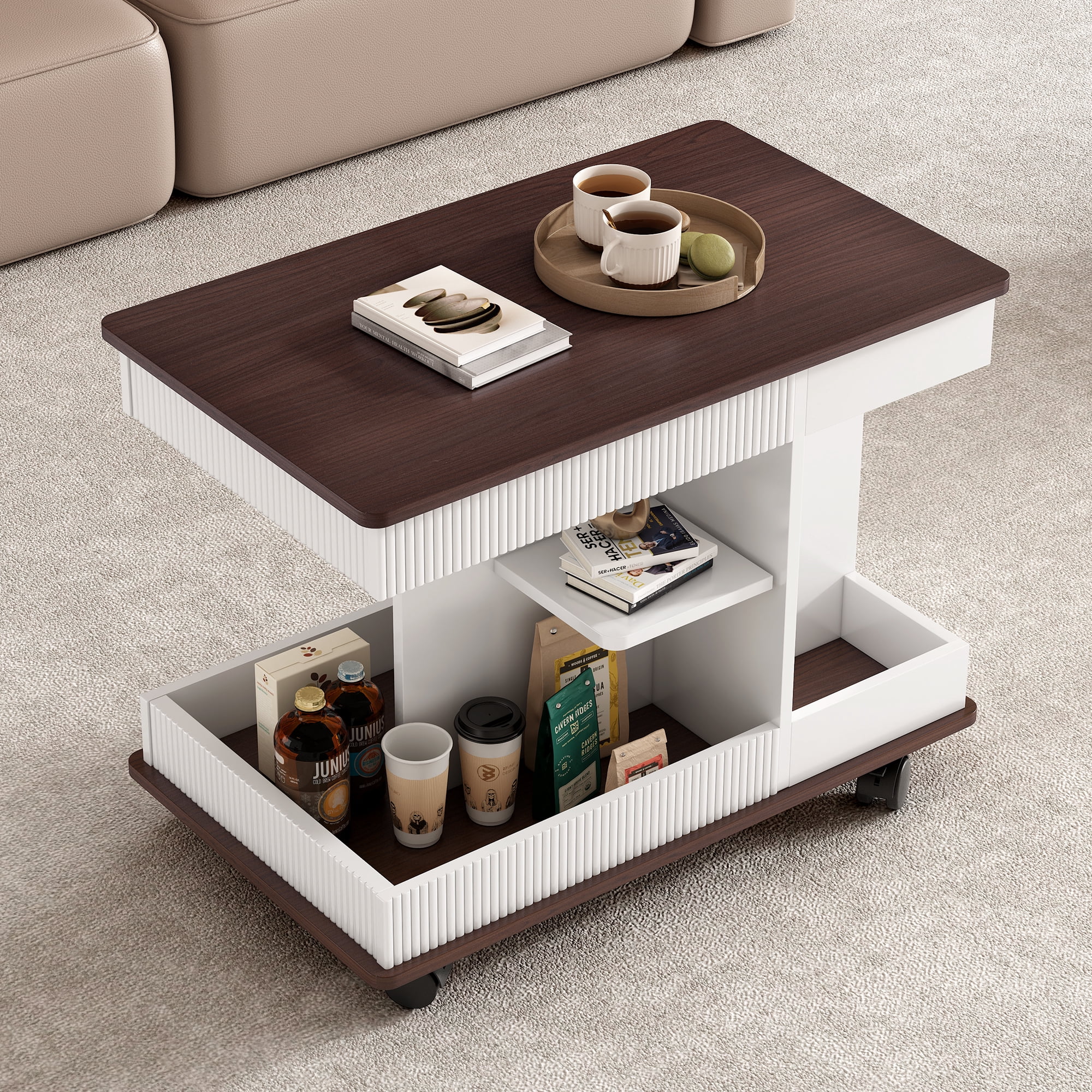 Euroco Modern Lift-Top Rotating End Table with Wood Grain Finish, Storage & Lockable Casters