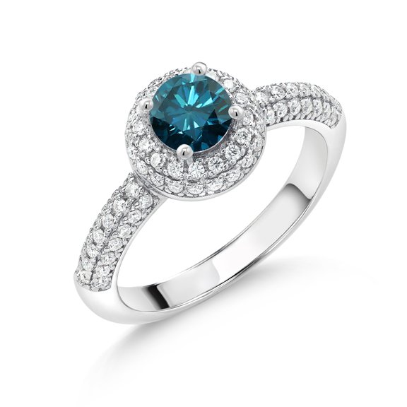 Gem Stone King 925 Sterling Silver Blue Diamond and White Moissanite Engagement Ring for Women (1.11 Cttw, Round 5MM, Available in Size 5, 6, 7, 8, 9)