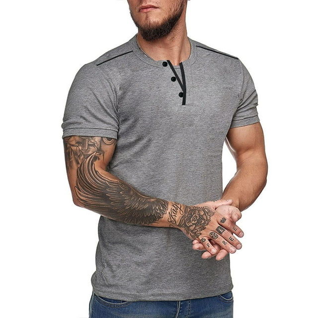 Button Up Shirt men Short-Sleeve Beefy Muscle Basic Solid Pure Color Blouse Tee Shirt Top Button Up Shirts for Men V Neck Shirts for Men Mens V Neck Tee Shirts Beefy Tee Shirts for Men