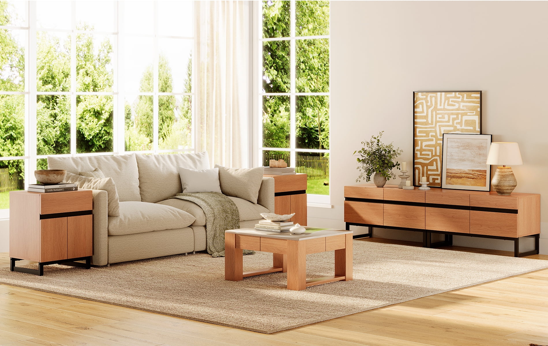 Modern 3-Piece Living Room Set, 71 Inch TV Stand And 2 End Table Sets With Drawers, Media Console with Storage Shelves, Sturdy Wood Frame & Metal Legs, Contemporary Furniture for Living Room,Mocha