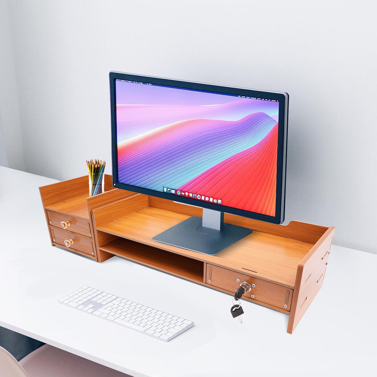 Wooden Desk Organizer With Drawers Office Supplies Computer Stand Desktop Tabletop Storage Stand