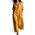 thumbnail image 3 of VBVC Women's Cotton Linen Button Down Maxi Dress , Summer Side Slit Dress For Women , Ladies' Short Sleeve Shirt Dress with Pockets,Yellow,S-3XL, 3 of 9