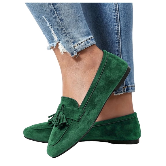 Suede Loafers Sneakers for Women Memory Foam Tassel Slip on Shoes Lightweight Non Slip Fashion Dress Footwear Green Size 6.5