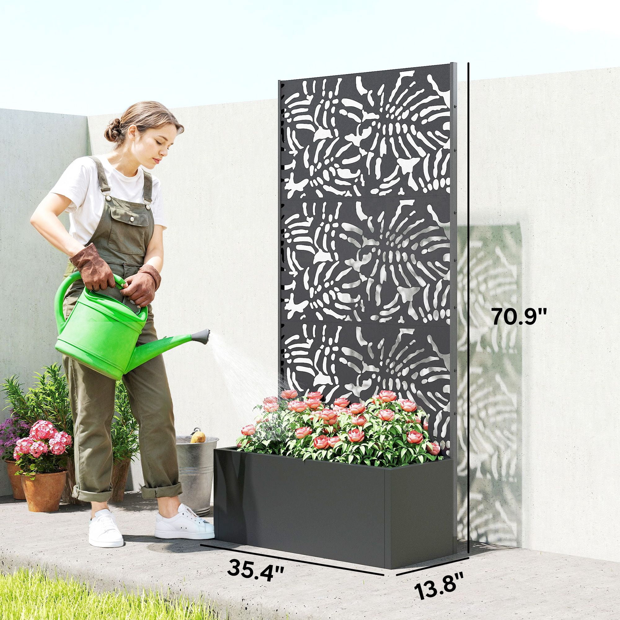 Alvantor Metal Privacy Screen with Planter Box,Freestanding Decorative Privacy Fence Screen with Trellis for Outdoor Gray
