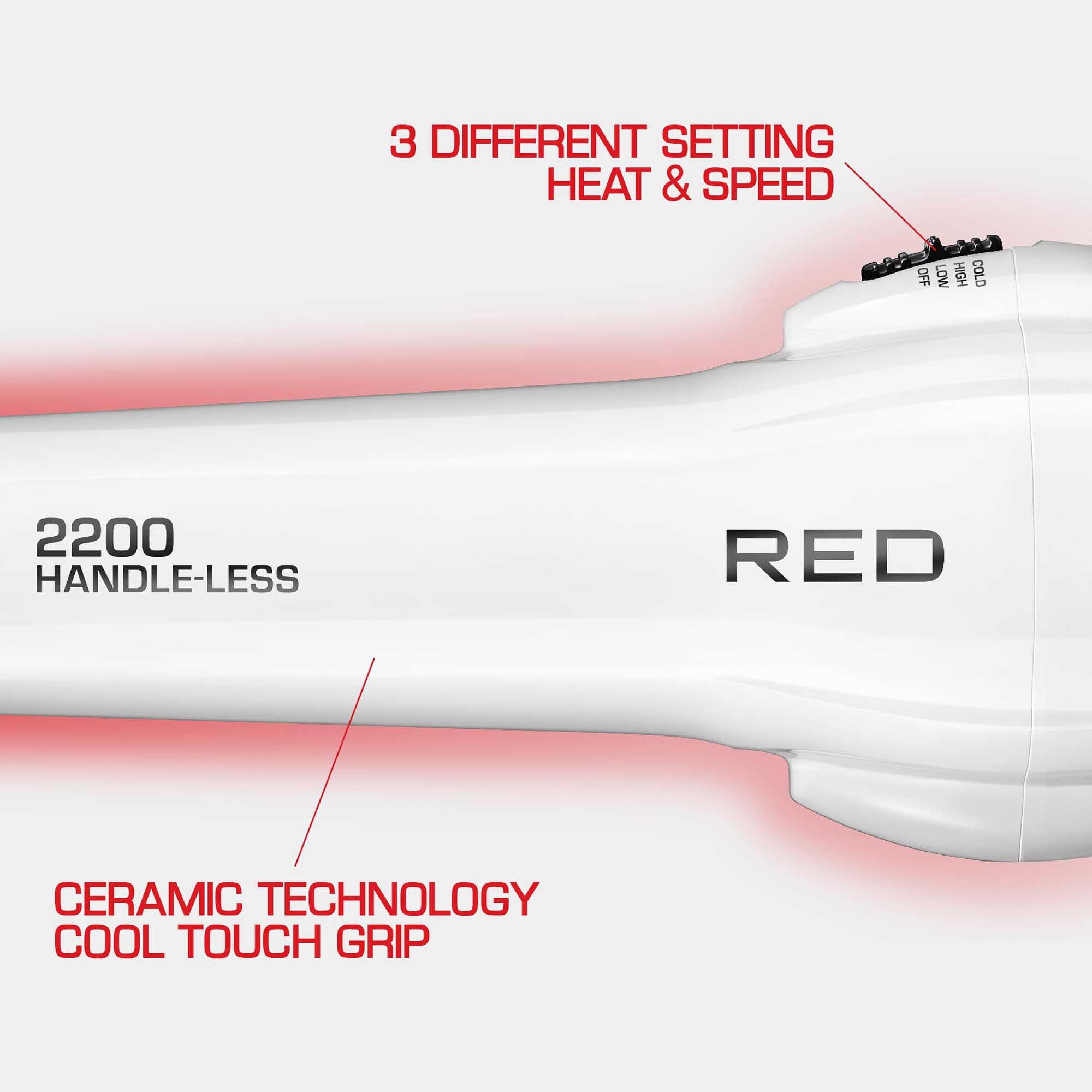 Red by KISS Handle-Less 2200W Ceramic Tourmaline Hair Dryer, 3 Heat Settings, Pik and Diffuser Included Comfortable Grip, Ionic for Frizz-Free Shine, Detangler & Straightening (White)