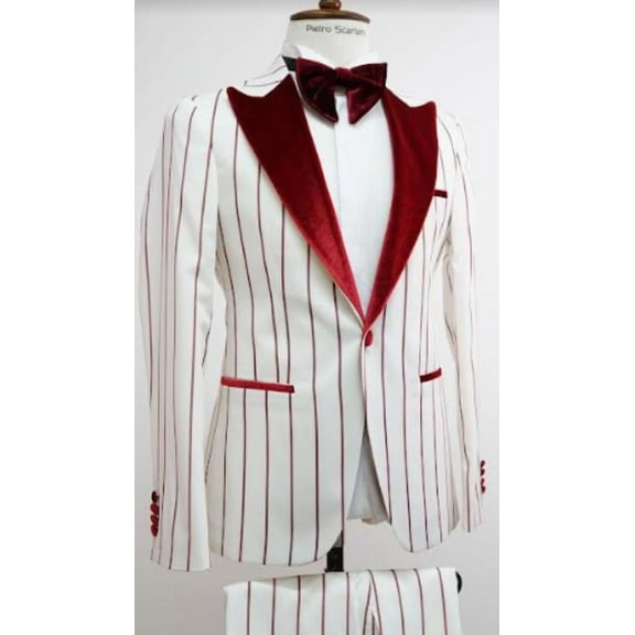 Vintage Tuxedo - White Wedding Suit - White and Red Pinstripe Groom Prom Suit