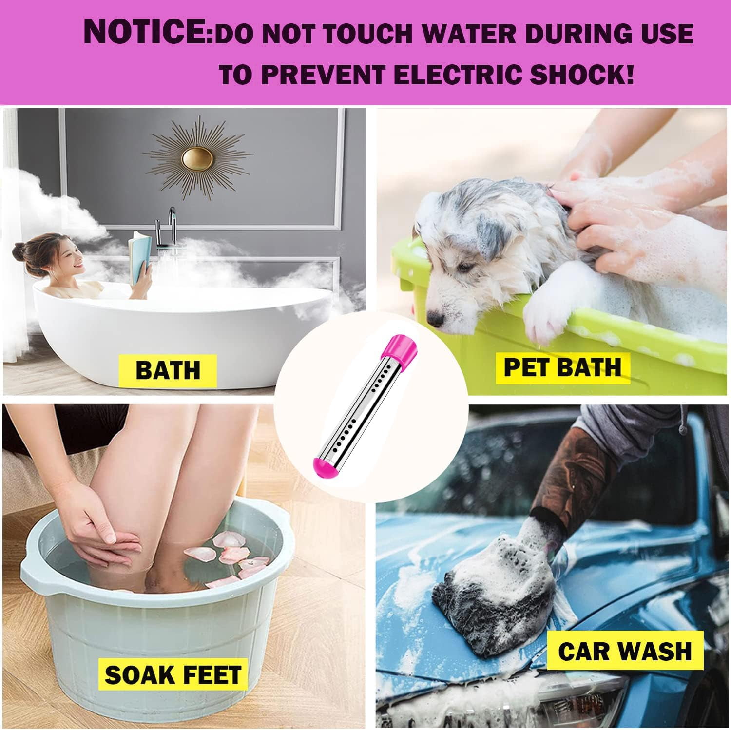 DICEEVIL Immersion Water Heater, 2000W Portable Bucket Heater with Timer Digital Thermometer Stainless-Steel Portable Submersible Water Heater for Inflatable Pool Bathtub, Basin, Pink