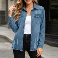 thumbnail image 7 of TGSLY Women's Fall Denim Jacket Lightweight Collared Snap Button Down Long Sleeve Jean Coat Relaxed Casual Solid Color Frayed Hem Outerwear XL, 7 of 7
