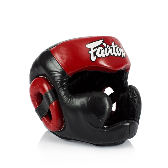 Casco de boxeo Fairtex HG13 de piel auténtica, negro/rojo
