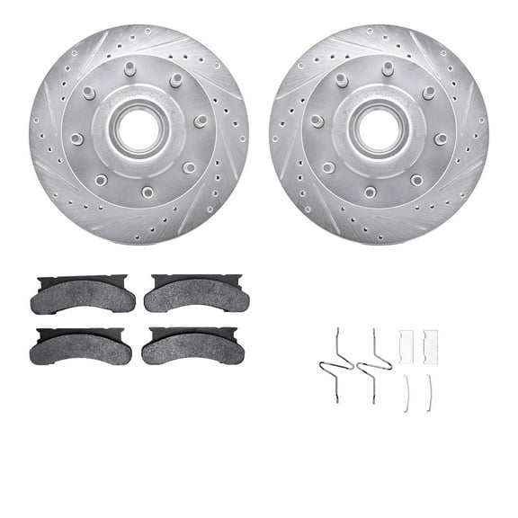Dynamic Friction Company Front Brake Rotors-Drilled and Slotted-Silver with Heavy Duty Brake Pads includes Hardware 7212-99100