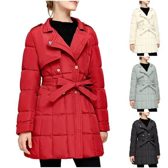 Xdegoge Womens Quilted Jacket Thick Button Up Lapel Coat Casual Loose Elegant Warm Jackets Fashion Fall Winter Cold Protection Pocketed Outerwear with Belt