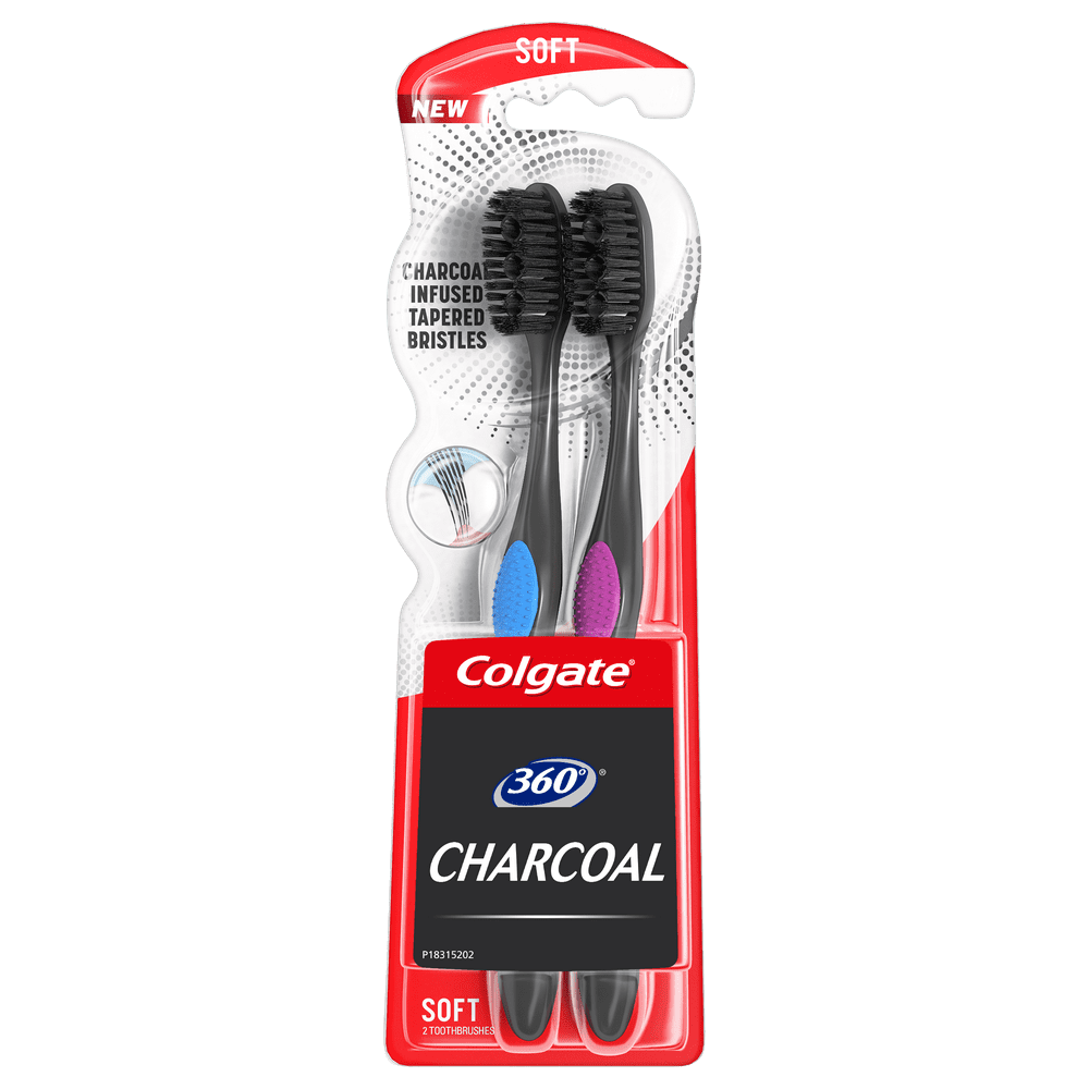 Colgate 360 FlossTip Manual Charcoal Toothbrush with Tongue and Cheek Cleaner, Soft, 2 Ct