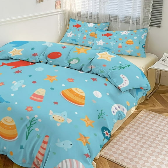 3PCS Marine Animals Duvet Cover Set Twin, 1 Duvet Cover And 2 Pillowcase, Duvet Cover for Kids Girls Boys And Teens