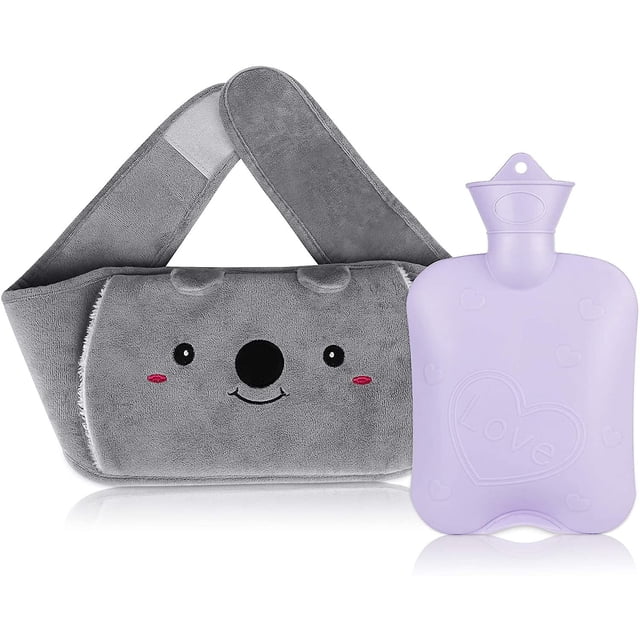 Bolsa de agua caliente con tapa, alivio rápido del dolor de cuello y espalda (bolsa de agua morada + cinturón gris con forma de cachorro).