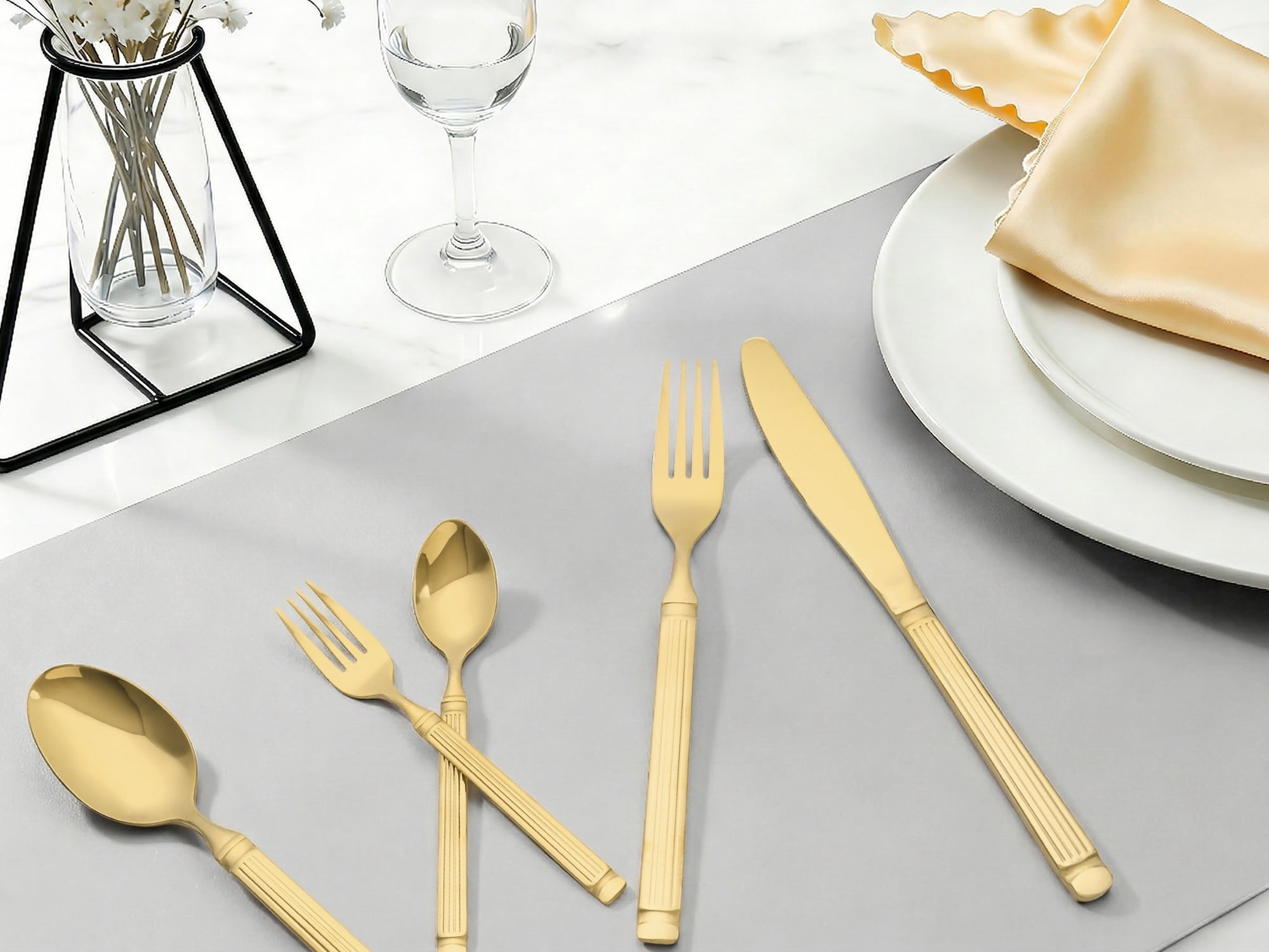 Unique Bargains Classic Mirror Polished Stainless Steel Flatware Set Gold 30pcs