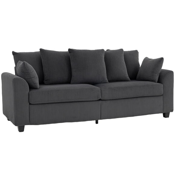 Dark Grey 3-Seater Corduroy Sofa | Modern Living Room Couch with 8 Pillows & Curved Arms - Comfortable & Supportive Seating