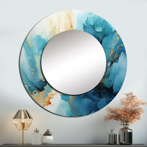 Designart "The Abstracted Flow Of Blue And Gold Rivers" Lake River Round Mirror Wall Decor Lake House - Large Blue Round Office Mirror - Round Mirror - 23" x 23"