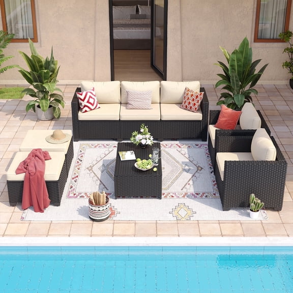 Sunmthink 8-Piece Modern Rattan Outdoor Sectionals with Cushion and Cover, Beige