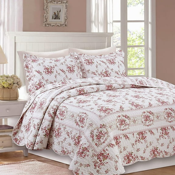 100% Cotton Quilt Bedding Set, Pink Floral Reversible Coverlet Bedspread (Vintage Rose, Twin - 2 Piece)