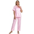 thumbnail image 5 of DAKIMOE Silk Satin Pajama Set for Women Short Sleeve Two Piece Button Down Pjs Sleepwear Soft Loungewear Nightwear, Pink Leopard Print, 5 of 8