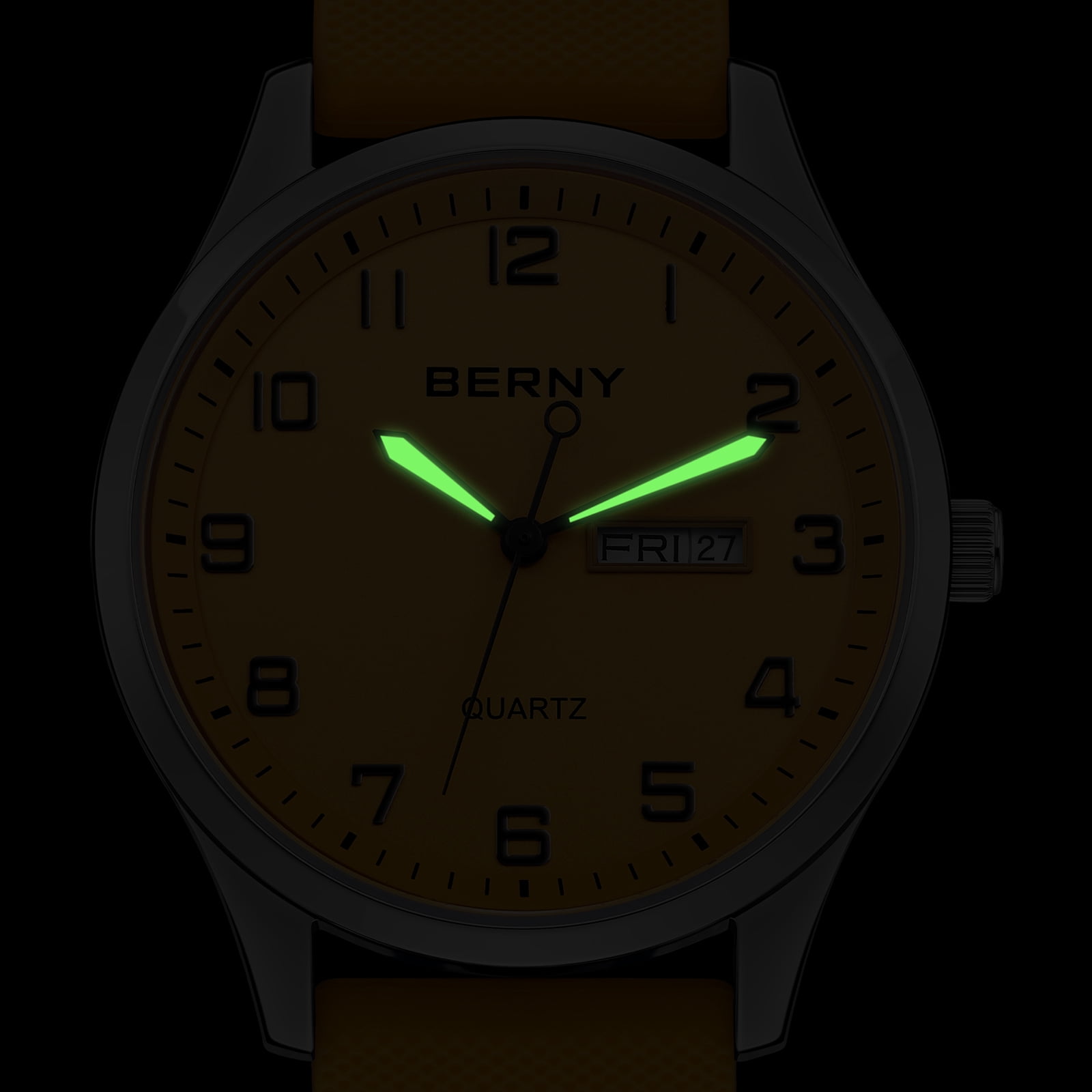 BERNY Modern Quartz Watch for Men Casual Easy Read Wristwatch with Arabic Numeral Watch Dial, Silicone Strap and Day & Date Calendar-Orange Dial