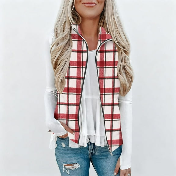 HongQid Women's Plaid Outerwear Vests Tops Zip Up Collared Sleeveless Jacket with Pockects